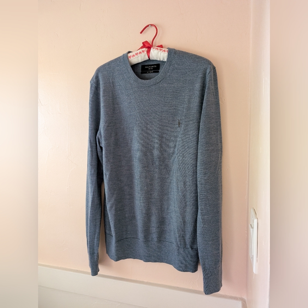 All Saints Men's Mode Merino Crew Sweater - Light Blue 100% Wool - Size Med